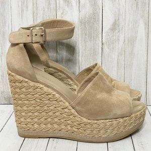 STUART WEITZMAN Sohojute Suede Ankle Strap Platform Espadrilles Wedge Sandals
